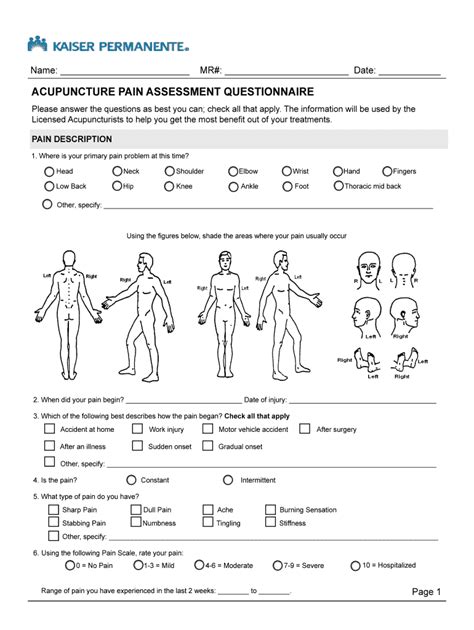 Fillable Online Mydoctor Kaiserpermanente Acupuncture Pain Assessment