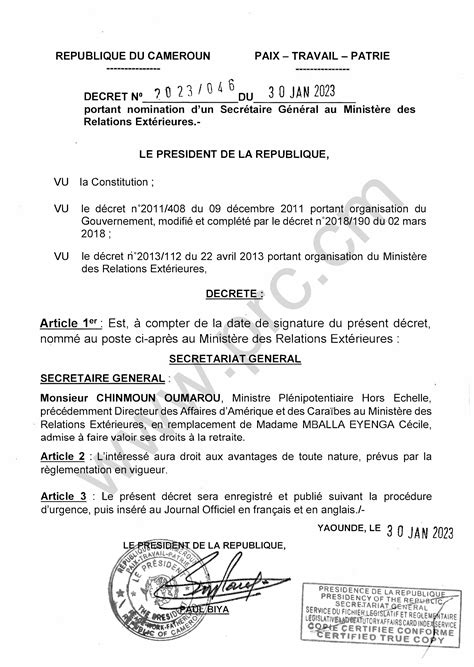 Décret N2023 046 du 30 janvier 2023 portant nomination dun Secrétaire