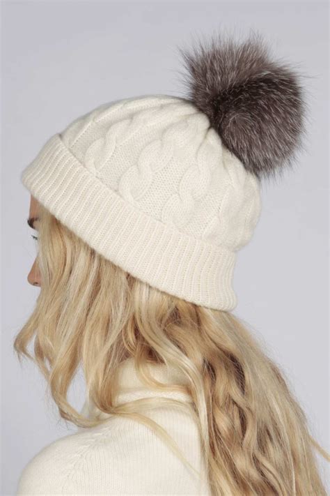 Cream White Pure Cashmere Fur Pom Pom Cable Knit Beanie Hat Italy In