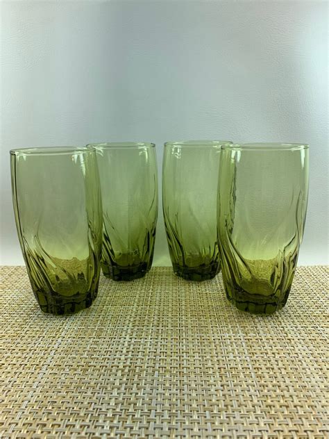 Vintage Anchor Hocking Olive Green Swirl Glass Tumblers Etsy