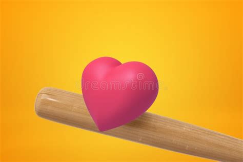 3d Rendering Of Pink Heart And Wooden Baseball Bat On Yellow Background