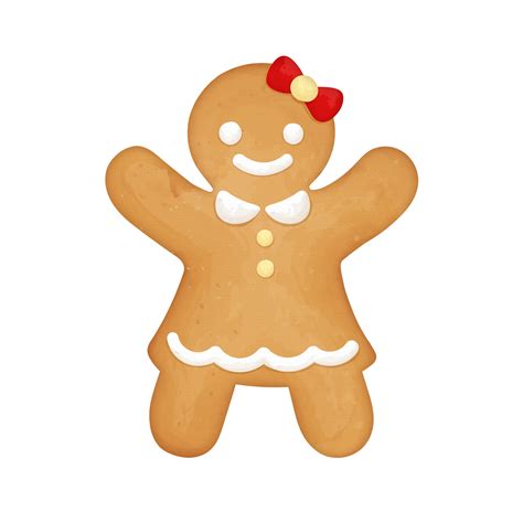 Watercolor Gingerbread Girl Biscuit Cookie Wearing A Dress And A Happy