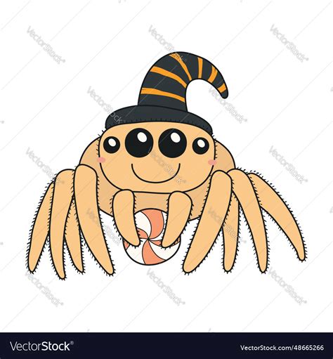 Cute jumping spider in witch hat with candy Vector Image