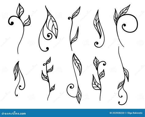 Doodle Leaf With Swirl Set Floral Motifs For Design Stock Vector Illustration Of Design