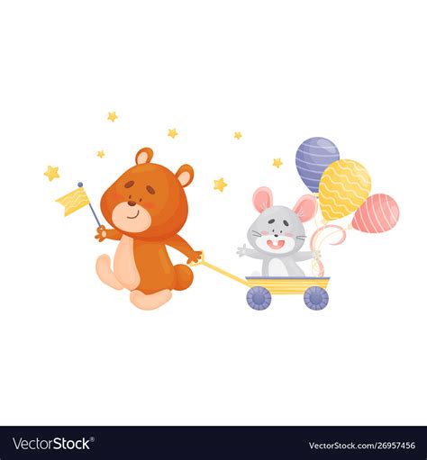 Cartoon bear pulling a wheelbarrow with mouse Vector Image