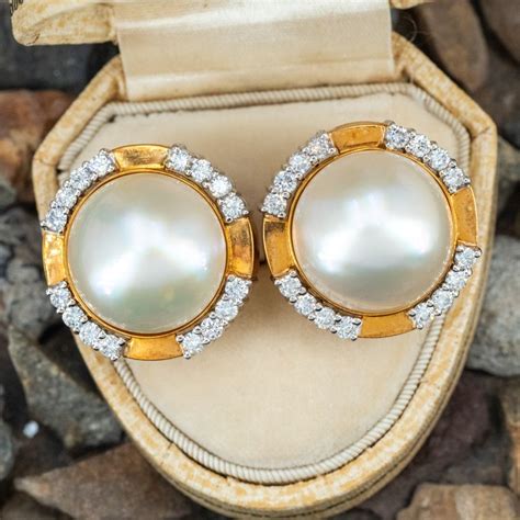 Vintage Mabé Pearl Diamond Earrings 18k Yellow White Gold