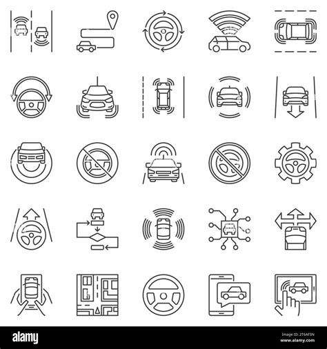 Self Driving Car Outline Icons Set Vector Autonomous Vehicle And