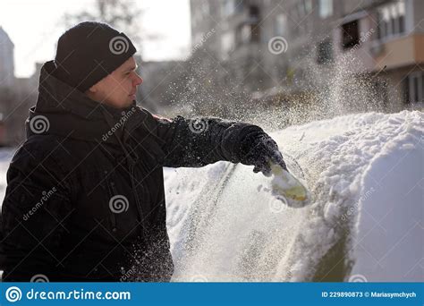 Adult Man Removing Snow From The Car With Brush Stock Image Image Of