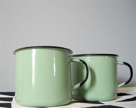 Vintage Enamel Cup Pair In Mint Aqua Set Of Two Mugs Etsy