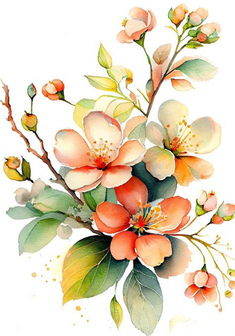 Watercolor Painting Of Flowers And Leaves On A White Background