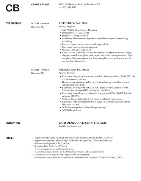 Avionics Engineer Resume Samples | Velvet Jobs