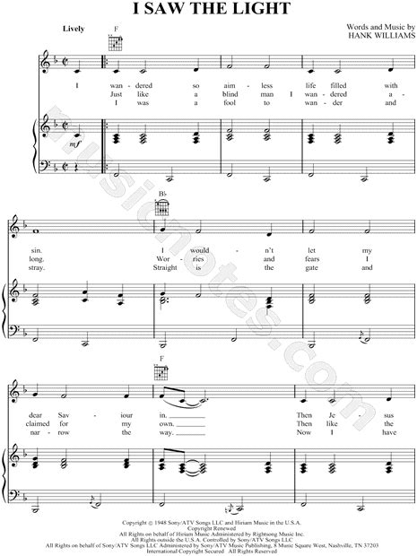 Hank Williams I Saw The Light Sheet Music In F Major Transposable Download And Print Sku