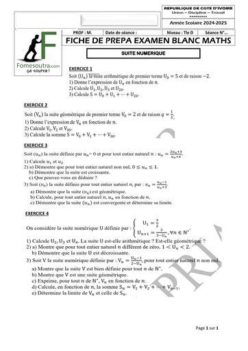 FICHE DE PREPA BAC MATHS Tle D SUITE NUMERIQUE By TEHUA