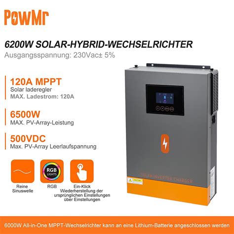 PowMr 6200W 48V Solar Inverter Wechselrichter Reine Sinus MPPT 120A