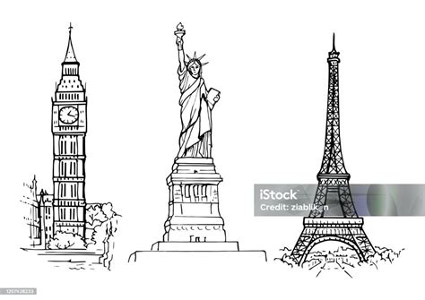 Sketsa Pemandangan Patung Liberty Menara Eiffel Dan Big Ben Ilustrasi