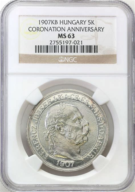 Węgry Franciszek Józef I 5 koron 1907 KB Kremnica NGC MS63 PIĘKNE