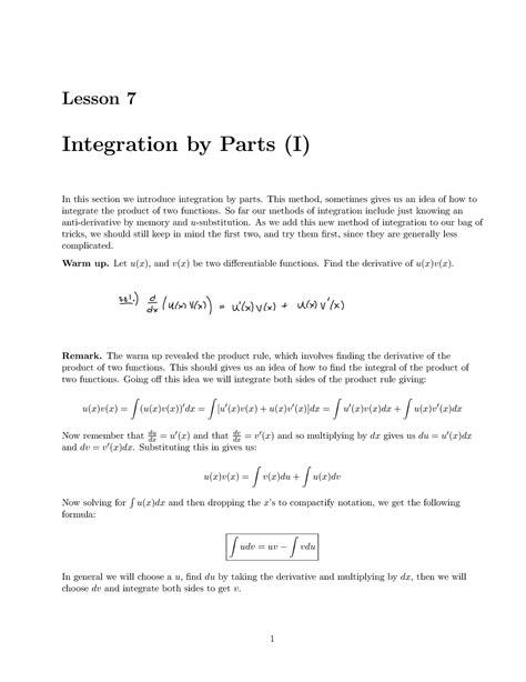 Integration By Parts Part 1 Lesson 7 Integration By Parts I In This Section We Introduce