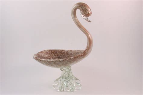 Vintage Murano Art Glass Swan Dish With Clear Pedestal Base