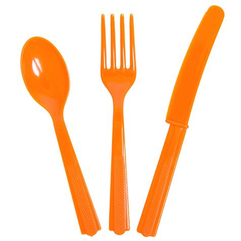 24ct Orange Plastic Cutlery Assortment Spoons Forks Knives