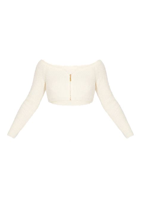 Cream Eyelash Knit Zip Through Crop Top Prettylittlething