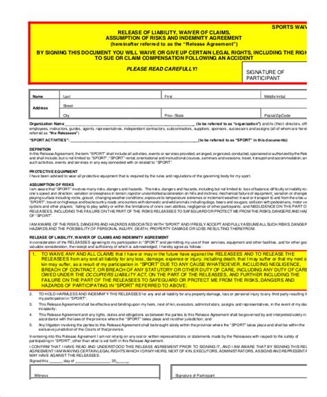 Waiver Form Template For Sports Printable Generic Sports Waiver Form