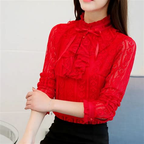 2018 Autumn Long Sleeve Ruffles Collar Hollow Lace Blouse Women Sweet Ruffles Red Lace Shirts ...