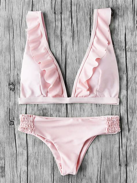 Pink Plunge Neckline Frill Trim Bikini Set Bikinis Bikini Set Swimwear