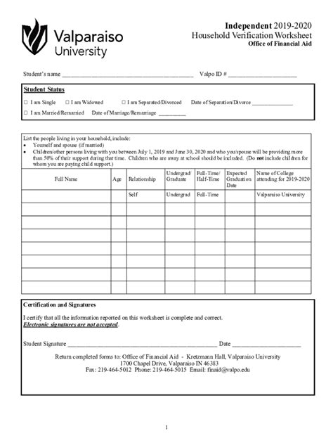 Fillable Online Independent 2019 2020 Household Verification Worksheet