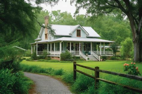 Ranch House with Wrap-around Porch, Surrounded by Lush Greenery Stock Illustration ...