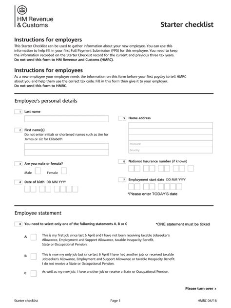 Fillable Online Free Fillable Hmrc New Starter Checklist Pdf Form