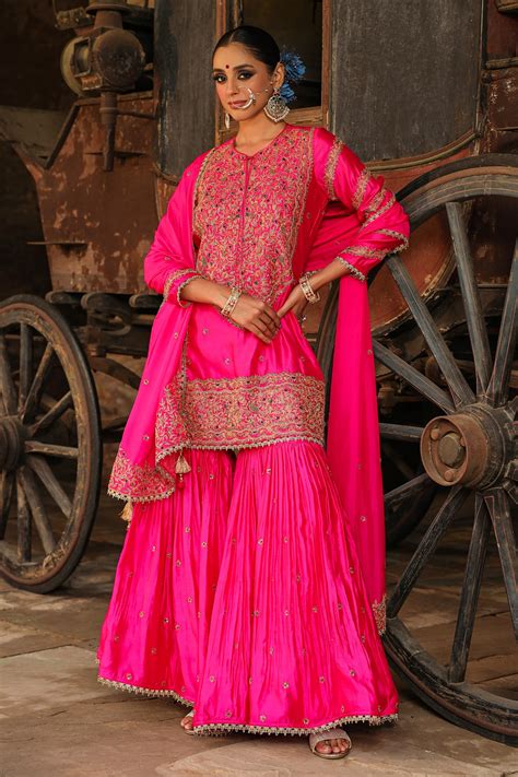 Buy Pink Pure Banarasi Spun Silk Flower Resham Kurta Sharara Set For