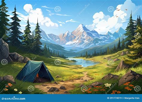 Cartoon Style Illustration Mountain Valley Landscape Blue Camping Tent in Forest Stock ...