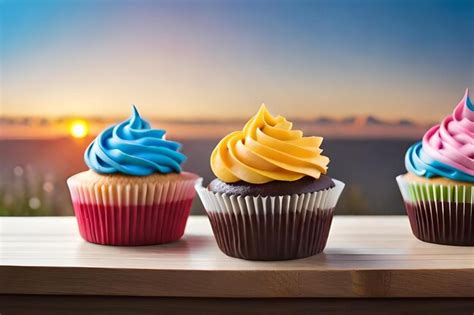 Premium Photo Cupcakes With Yellow Frosting And Blue Frosting On Them