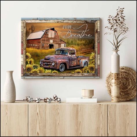 Canvas Farmhouse Wall Art Decor Just Breathe Old Barn And Rustic Farm Truck On Barn Wood