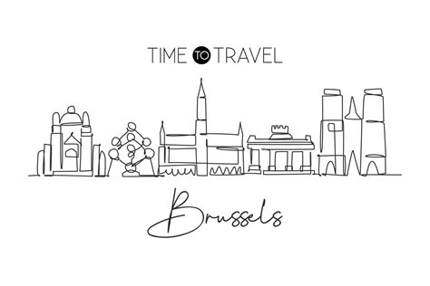 Single continuous line drawing of Brussels city skyline, Belgium ...