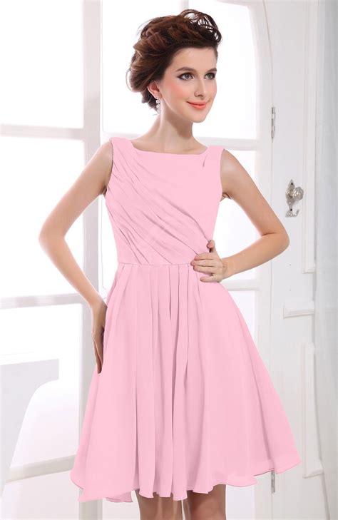 Baby Pink Casual A Line Sabrina Zipper Chiffon Ruching Party Dresses