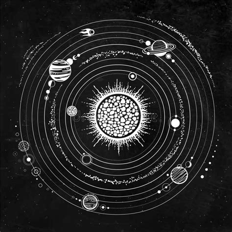 Monochrome Drawing Stylized Solar System Orbits Planets Space