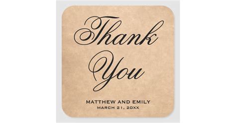 Elegant Rustic Kraft Thank You Wedding Favor Square Sticker Zazzle