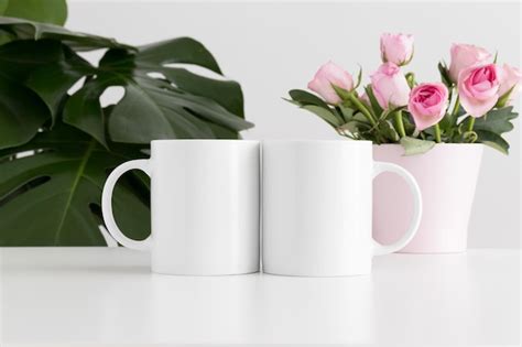 Maqueta De Dos Tazas Con Rosas Rosadas En Una Maceta Y Una Planta