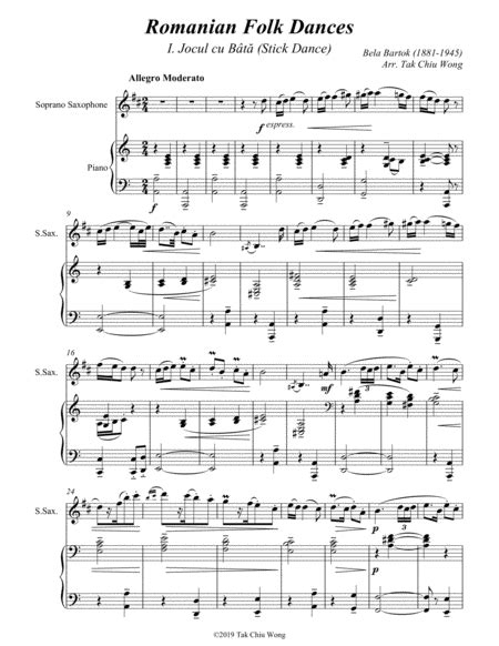 Bartok Romanian Folk Dances For Soprano Saxophone And Piano Sheet