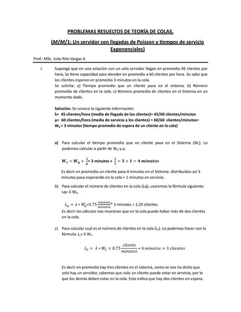 Problemas Resueltos DE Teoria DE Colas PROBLEMAS RESUELTOS DE TEORÍA