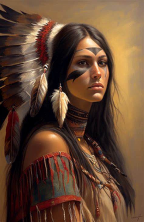 A Painting Of A Native American Woman With Feathers On Her Head