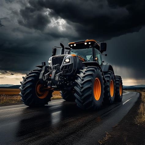 Premium Photo A Tractor With Orange Wheels Is On The Road And The Sky