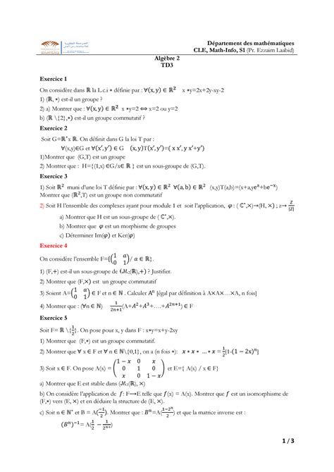 TD3 Chapitre 3 algebre 2 1 3 Département des mathématiques CLE