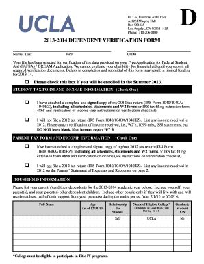 Fillable Online Fao Ucla Verification Form Ucla Financial Aid Office