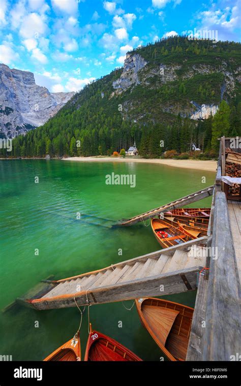 Boats On The Braies Lake Pragser Wildsee In Dolomites Mountains