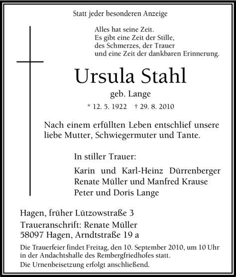 Trauer Und Todesanzeigen Von Ursula Stahl Trauer De