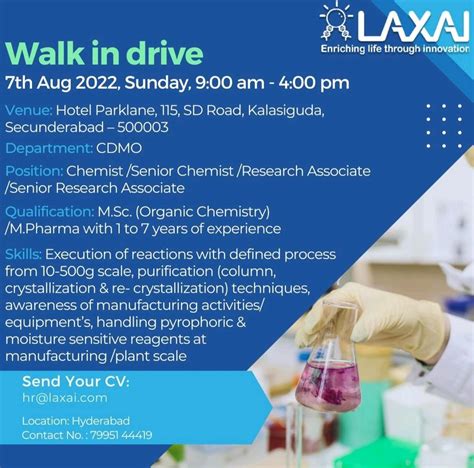 Laxai Life Sciences Walk In Drive On Th Aug Sunday At Hotel