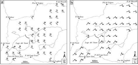 Structural maps of S3 foliations (a) and L3 crenulation lineation (b ...