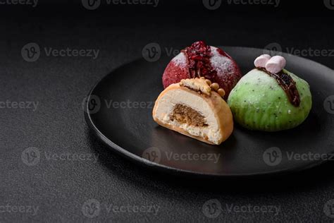 Delicious sweet colorful mochi desserts or ice cream with rice dough ...